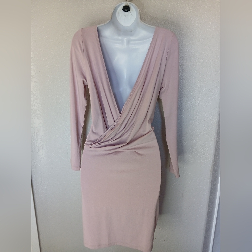 NWT ASOS Soft Pink Long Sleeve Bodycon Draped Open Back Dress Size 8